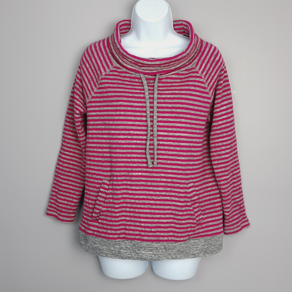 Talbots Gray and Pink Striped Funnel Neck Cotton Sweatshirt size Medium